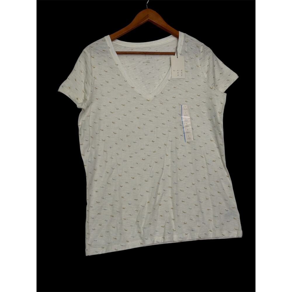 A New Day Large‎ Cream Metallic Thread Embroidered V Neck Top NWT